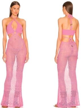 DUNDAS Pink Crochet Halter Tie-Back Beach Coverup Dress